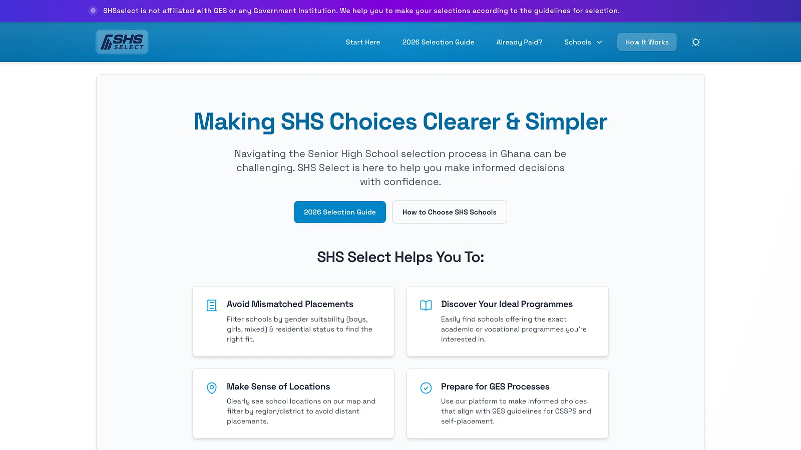 The SHSSelect page that explains what the product helps with: avoiding mismatched placements, finding programmes, seeing where schools are and preparing for GES processes.