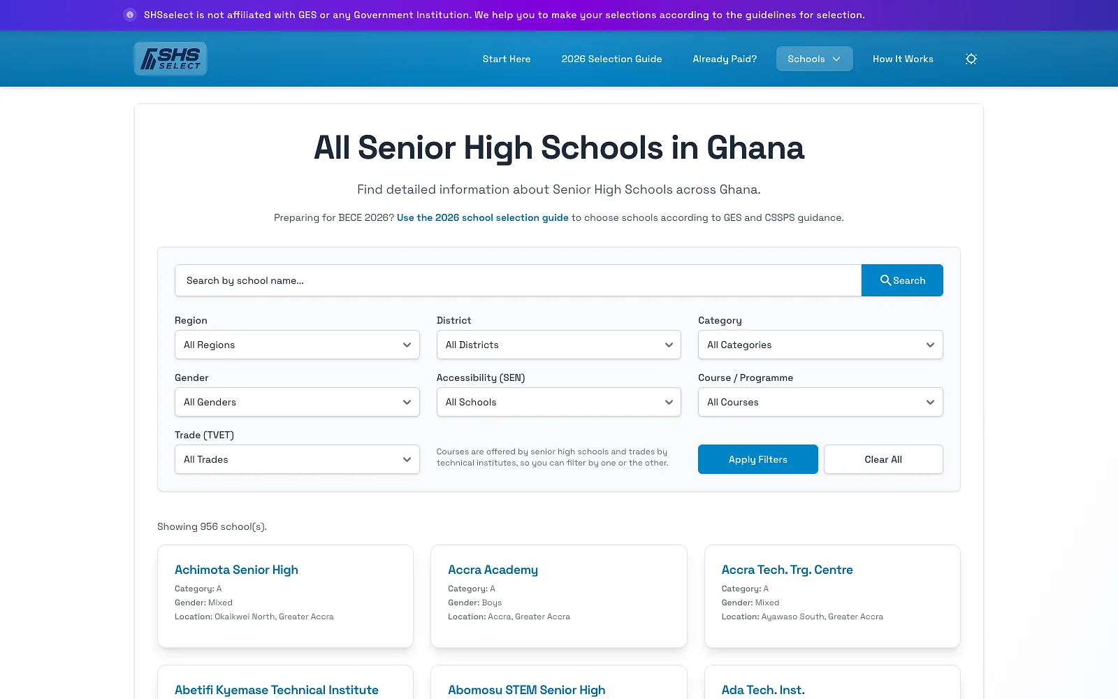 SHSSelect's directory of senior high schools, with a search box and filters for region, district, category, gender, accessibility, course and trade.