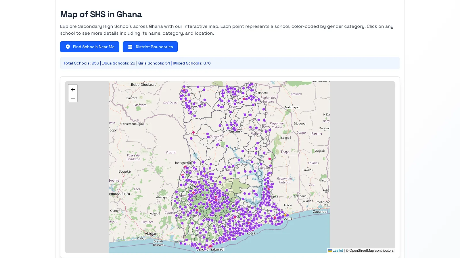 SHSSelect's map of Ghana with a dot for each senior high school, coloured by whether it is a boys', girls' or mixed school.