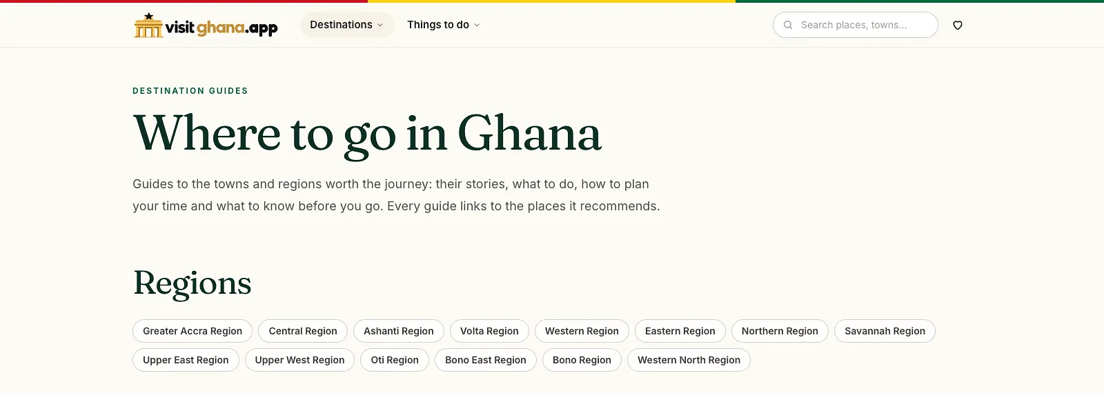 VisitGhana's destination guides page, headed "Where to go in Ghana", with a link for each region.