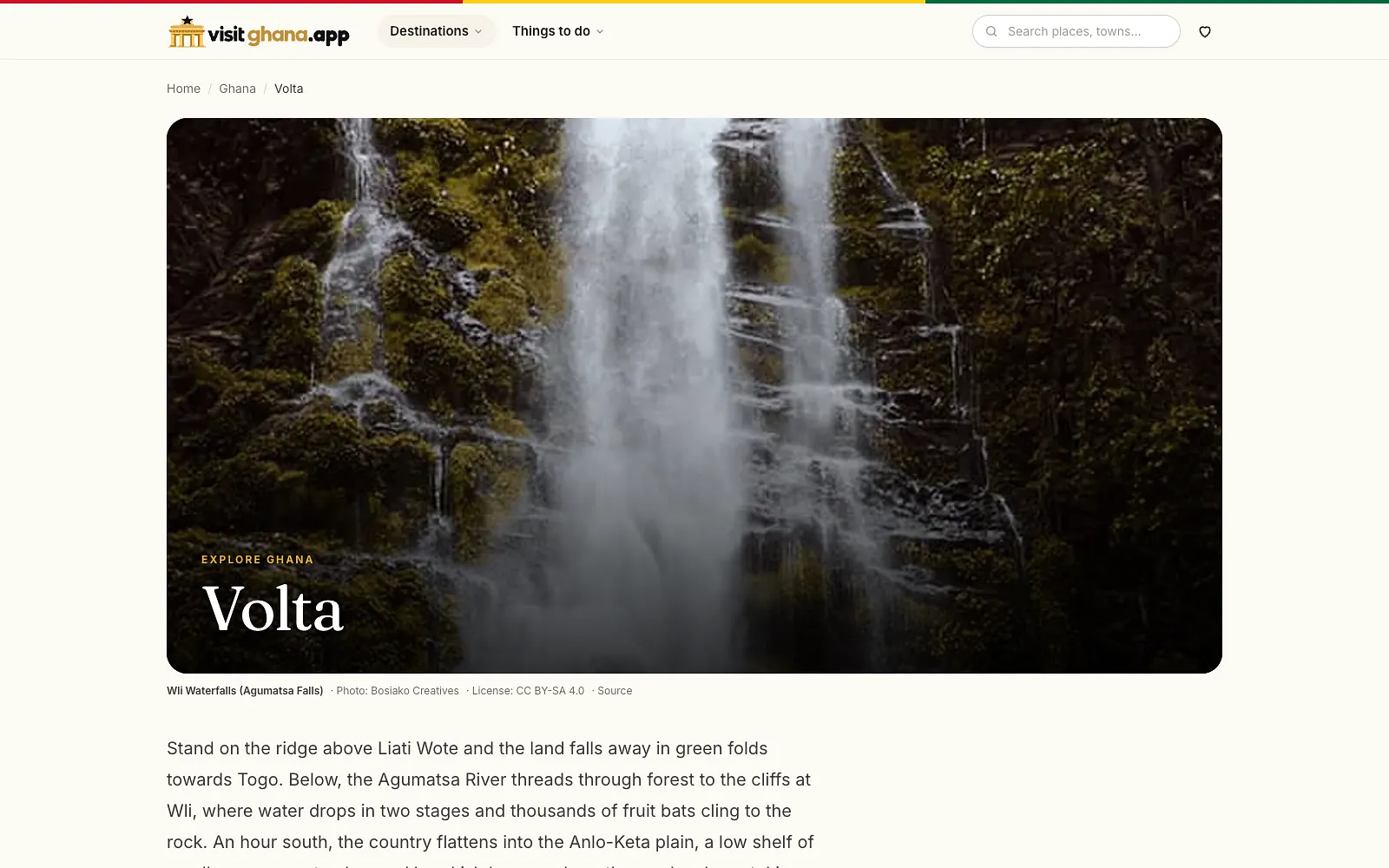 VisitGhana's guide to the Volta Region, opening with a photograph of Wli Waterfalls and the start of the written guide.