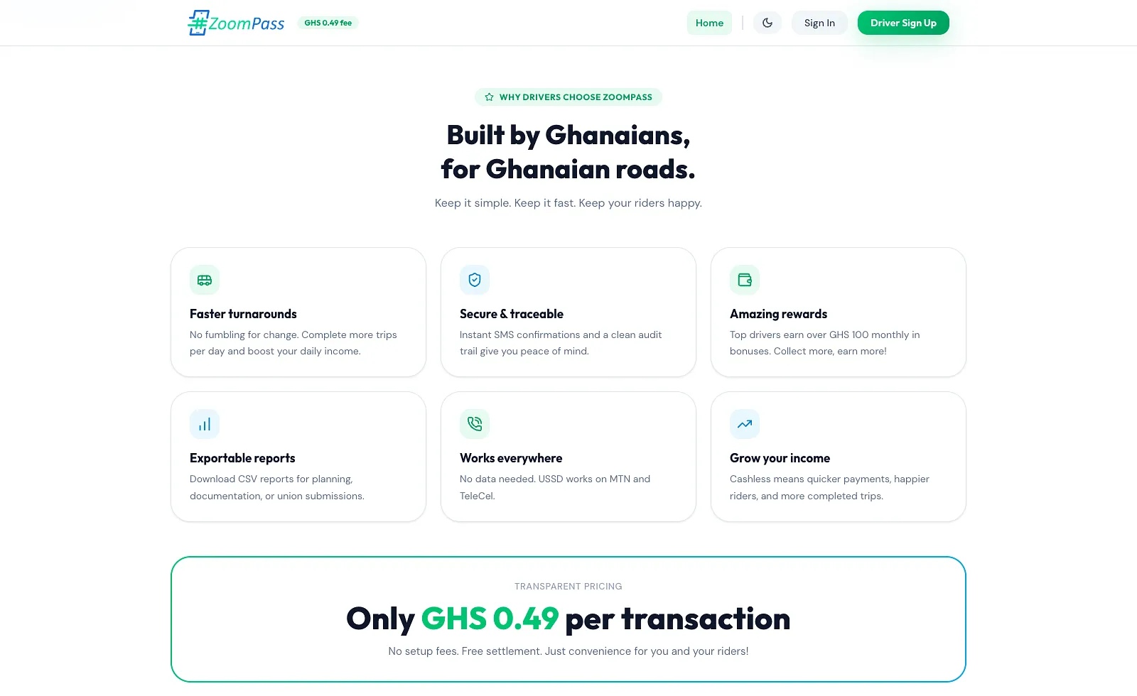 The ZoomPass site's reasons drivers use it, including SMS confirmations, exportable reports and working on any phone, above its per-transaction price.