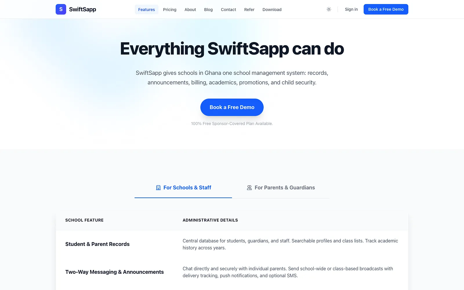 SwiftSchool's features page, with a table of what schools and staff get, starting with student and parent records and two-way messaging.