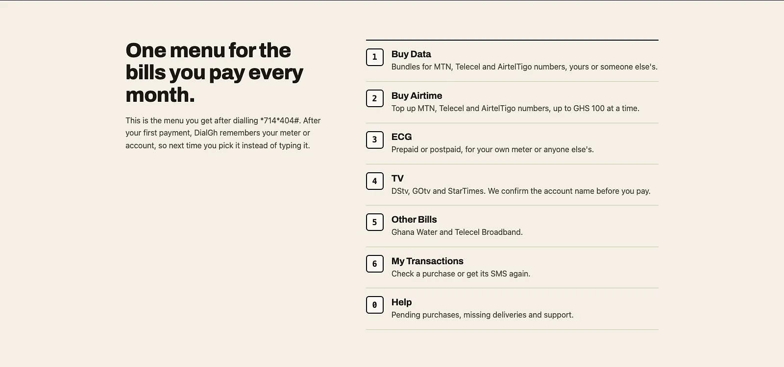 The part of the DialGH site that explains each menu option: Buy Data, Buy Airtime, ECG, TV, Other Bills, My Transactions and Help.