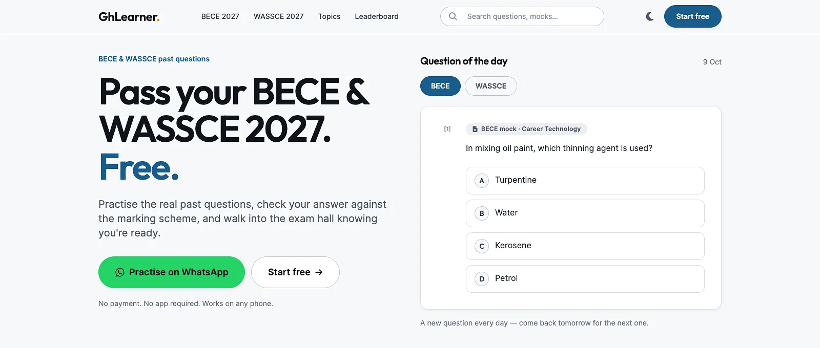 The GhLearner home page: the heading "Pass your BECE & WASSCE 2027. Free.", a button to practise on WhatsApp, and a multiple-choice question of the day.