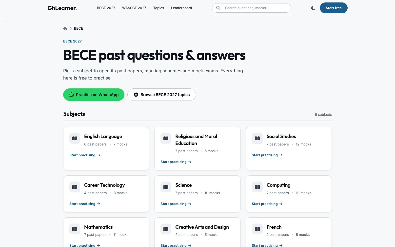 GhLearner's BECE page, listing subjects with the number of past papers and mock exams for each.